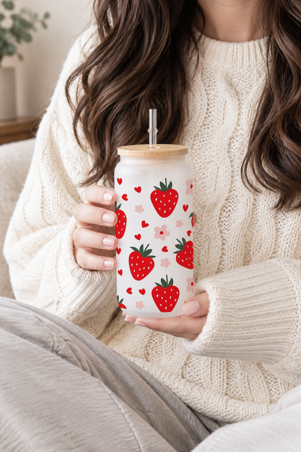 MasonJar Tapa Bambú y Bombilla Diseño Frutillas