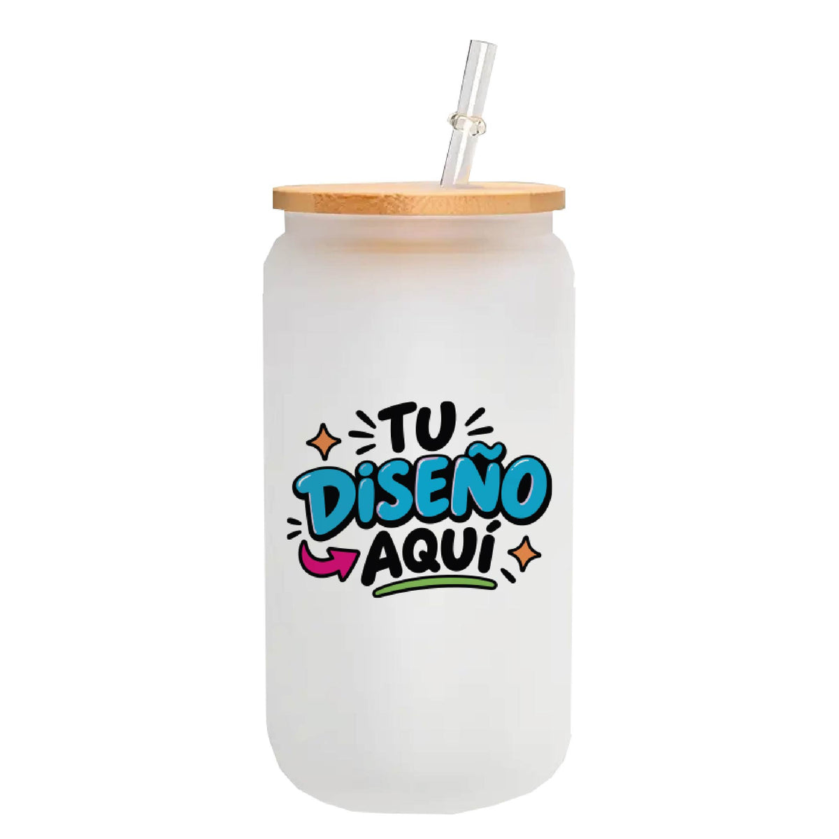 Pack 6 Vasos con Tapa de Bambú y Bombilla Personalizados