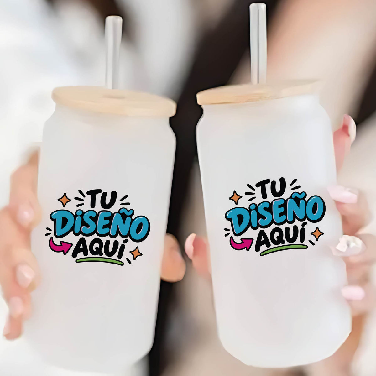Pack 6 Vasos con Tapa de Bambú y Bombilla Personalizados
