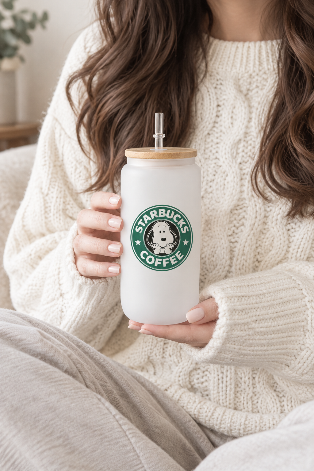 MasonJar Tapa Bambú y Bombilla Snoopy