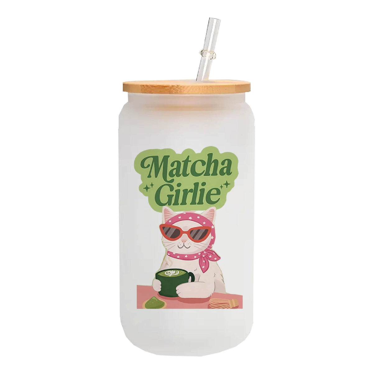 MasonJar Tapa Bambú y bombilla Gatita Matcha