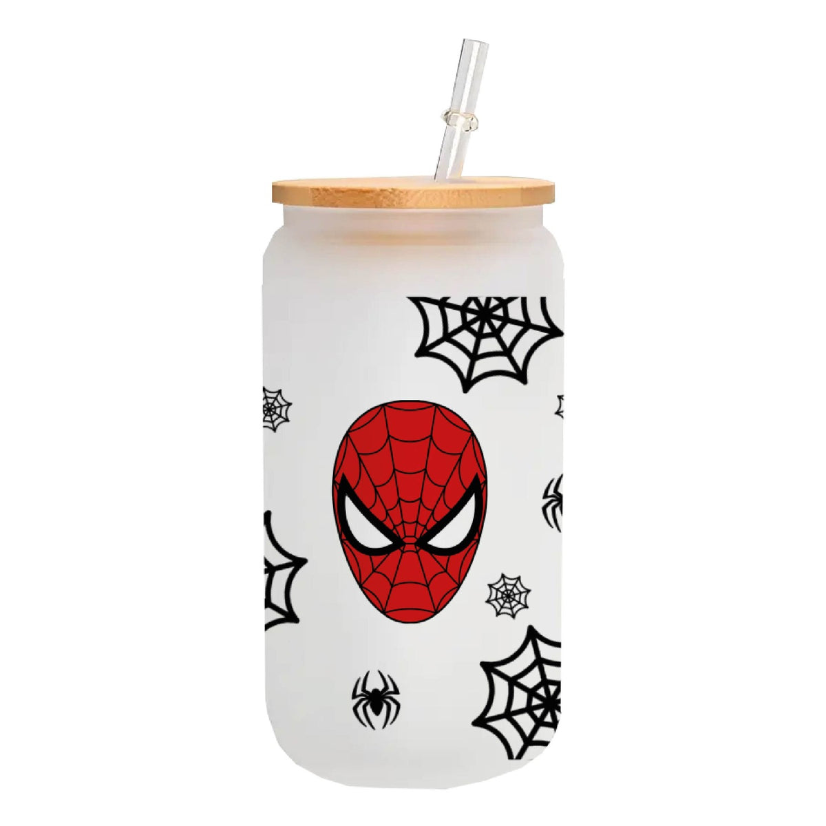 MasonJar Tapa Bambú y Bombilla Spider-man